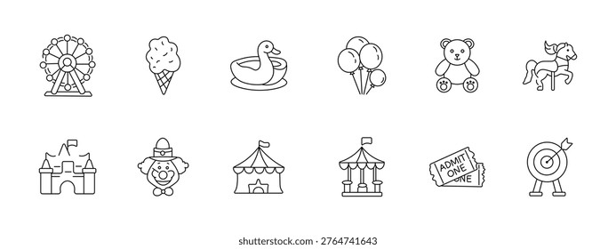 Amusement park set icon. Ferris wheel, ice cream, swan boat, balloons, teddy bear, carousel horse, castle, clown, circus tent, ticket, target game, family entertainment.