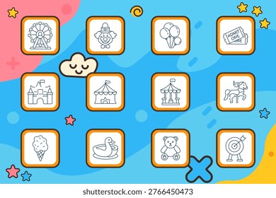Amusement park set icon. Ferris wheel, clown head, balloons, admission ticket, castle, circus tent, carousel, rocking horse, ice cream, bumper boat, teddy bear, target game.