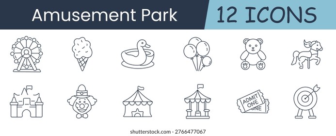 Amusement park set icon. Ferris wheel, ice cream, swan boat, balloons, teddy bear, carousel horse, castle, clown, circus tent, tickets, target game, funfair entertainment.