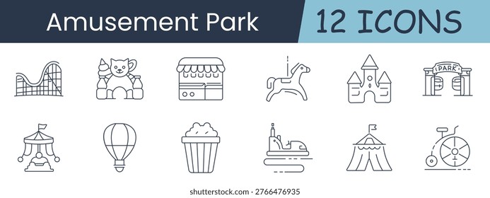Amusement park set icon. Roller coaster, teddy bear, ticket booth, carousel horse, castle, park gate, circus tent, hot air balloon, popcorn, bumper car, fair attraction.