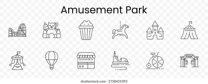Amusement park set icon. Rollercoaster, mascot, popcorn, carousel, castle, circus, swingride, balloon, kiosk, bumpercar, wheelchair, entrance, entertainment, fun, festival, attraction