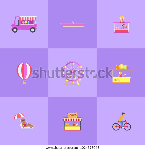 Amusement park set of icons, cotton candies,\
popcorn and hotdog stalls, balloon and ferris wheel, woman and\
umbrella, isolated on vector\
illustration