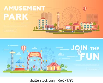 Amusement park - set of modern flat vector illustrations with place for text. Two variants of funfair. Lovely cityscape with attractions, houses, carousels, people, big wheel. Orange and blue colors
