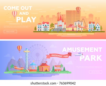 Amusement park - set of modern flat vector illustrations with place for text. Two variants of funfair. Lovely cityscape with attractions, houses, carousels, big wheel. Orange and purple colors