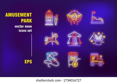 Amusement park set in neon style. Clown, carousels and magician show. Vector illustrations for bright signboards. Entertainment and holiday concept