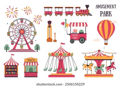 Amusement park set, ticket office, cotton candy cart, Ferris wheel, carousel, balloon, force meter, balloon darts, train. Vector graphics.