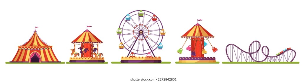 Amusement park set vector illustration. Cartoon cute ferris wheel and fair circus tent, merry go round carousel and roundabout with horses, isolated carnival attractions collection for fairground