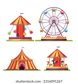 Amusement park set vector illustration. Cartoon cute ferris wheel and fair circus tent, merry go round carousel and roundabout with horses, isolated carnival attractions collection for fairground