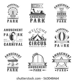 Amusement park set of vector vintage emblems, labels, badges and logos in monochrome style on white background. Amusement park, carnival, attraction design elements