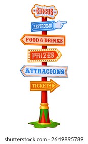 Amusement park sign board signage, carnival circus signboard. Cartoon vector bright and playful directional signpost with arrows pointing to restrooms, food, drinks, prizes, attractions and tickets