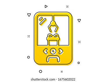Amusement park sign. Crane claw machine icon. Carousels symbol. Yellow circles pattern. Classic crane claw machine icon. Geometric elements. Vector