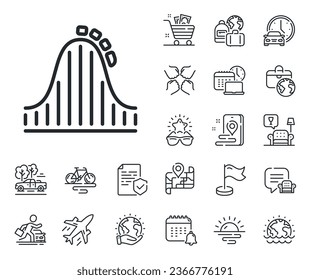 Amusement park sign. Plane jet, travel map and baggage claim outline icons. Roller coaster line icon. Carousels symbol. Roller coaster line sign. Car rental, taxi transport icon. Vector
