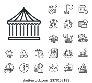 Amusement park sign. Plane jet, travel map and baggage claim outline icons. Carousels line icon. Carousels line sign. Car rental, taxi transport icon. Place location. Airport lounge. Vector