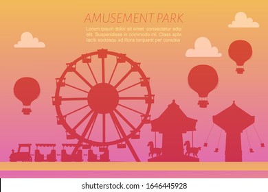 Amusement park silhoettes on gradient background vector illustration. Conceptual city banners with carousels. Slides and swings, ferris wheel attraction and air baloon amusement park gradient poster.