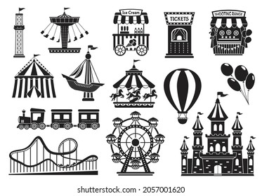 Amusement park silhouette elements, carnival fairground attractions. Kids carousel, roller coaster, circus tent, funfair rides icon vector set. Ferris wheel for fun and entertainment