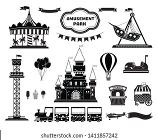 Amusement park silhouette icons set. Carnival funfair and ferris wheel emblem, label, badge. Amuse circus carousel, air balloon and castle.  isolated on white background.