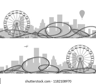 Amusement park silhouettes. Vector black and white adventure park theme design isolated on white background