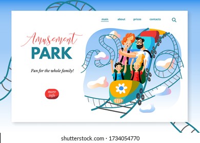 Amusement park sitepage template. Roller coaster ride flat vector illustration. Cheerful children and scared adults cartoon characters. Happy kids with parents having fun on fast attraction