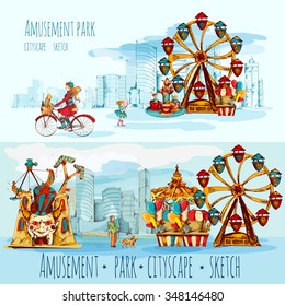 Amusement park sketch cityscape horizontal banners with people ferris wheel and city on background vector illustration
