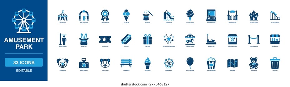 Amusement Park solid icon set including bold details for circus tent, roller coaster, haunted house, carousel horse, bumper car, ferris wheel, and beautiful celebration party balloon theme.