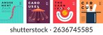 Amusement park square banner set with funfair rides, clowns and fireworks. Flat vector layout with carousel, ferris wheel and rollercoaster. Festive summer fair concept for kids and family fun.