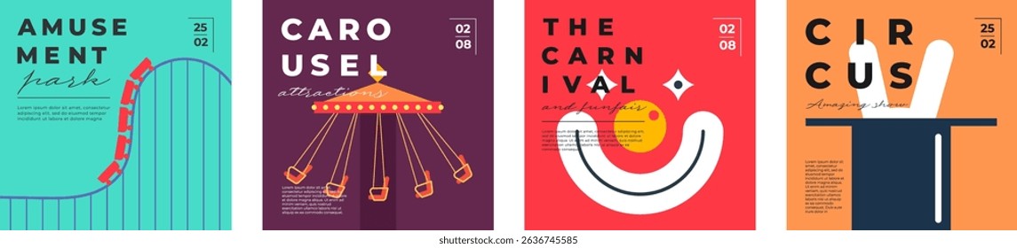 Amusement park square banner set with funfair rides, clowns and fireworks. Flat vector layout with carousel, ferris wheel and rollercoaster. Festive summer fair concept for kids and family fun.