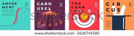 Amusement park square banner set with funfair rides, clowns and fireworks. Flat vector layout with carousel, ferris wheel and rollercoaster. Festive summer fair concept for kids and family fun.