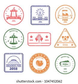 Amusement park stamps collection of isolated postal stamps of different colour with attraction and circus images vector illustration