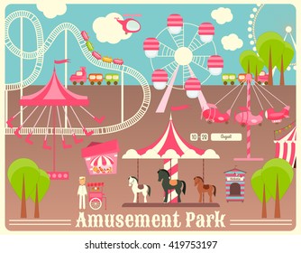 Amusement Park. Summer Holiday Card with Fairground Elements. Vector Illustration.
