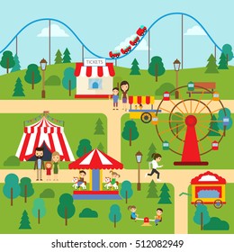 Amusement Park in summertime with a map of attractions. Summer park with rides, roller coaster, teeter,  carousel. Vector illustration.

