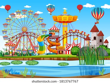 Amusement park with swamp scene at daytime with balloons in the sky illustration