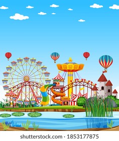 Amusement park with swamp scene at daytime with blank bright blue sky illustration