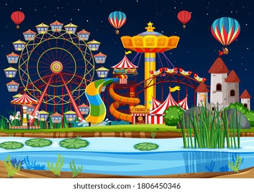 Amusement park with swamp scene at night with balloons illustration