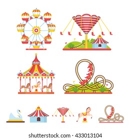 Amusement park with swings, carousels, roller coaster and ferris wheel. Vector illustration.