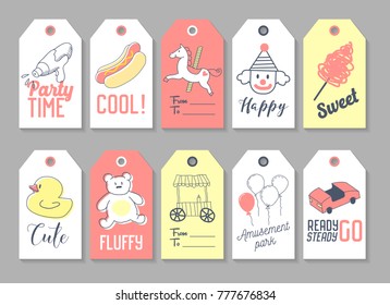 Amusement Park Tags and Labels Set Freehand Style. Childish Hand Drawn Doodle. Vector illustration