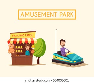 Amusement park theme. Cartoon vector illustration. Vintage style. Set of attractions. Icon collection. Dodgem car Good emotions. Shooting range