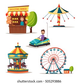 Amusement park theme. Cartoon vector illustration. Vintage style. Set of attractions. Icon collection. Funfair. Good emotions