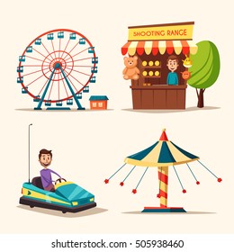 Amusement park theme. Cartoon vector illustration. Vintage style. Set of attractions. Icon collection. Funfair. Good emotions