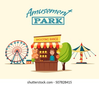 Freizeitpark-Thema. Cartoon, Vektorgrafik. Vintage-Stil. Eine Reihe von Attraktionen. 