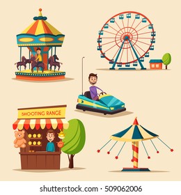 Amusement park theme. Cartoon vector illustration. Vintage style. Set of attractions. Icon collection. Funfair. Good emotions