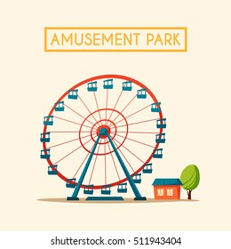 Amusement park theme. Cartoon vector illustration. Vintage style. Icon. Funfair. Good emotions Ferris wheel