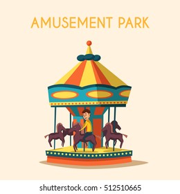 Amusement park theme. Cartoon vector illustration. Vintage style. Set of attractions. Icon collection. Funfair. Good emotions