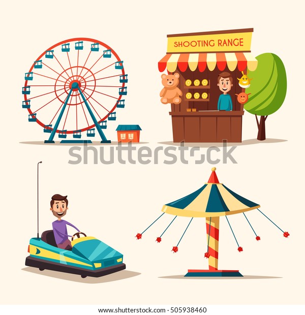Amusement park theme. Cartoon vector\
illustration. Vintage style. Set of attractions. Icon collection.\
Funfair. Good\
emotions