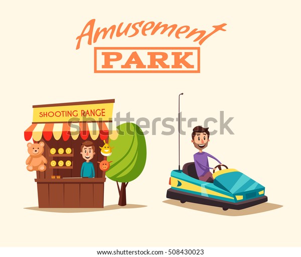 Amusement park theme.\
Cartoon vector illustration. Vintage style. Good emotions. Shooting\
range. Dodgem car. Happy people. Set of attractions. Funfair. Good\
emotions