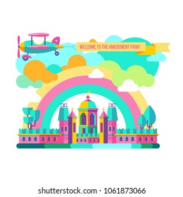 Amusement Park, theme Park, water Park. A large set of carousel icons, water slides, fun on vacation and weekends for the whole family. The plane carries a banner with The inscription welcome. 