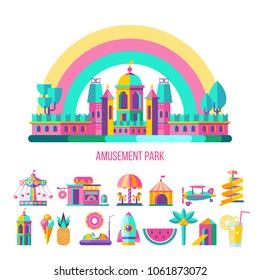 Amusement Park, theme Park, water Park. A large set of carousel icons, water slides, fun on vacation and weekends for the whole family. Vector illustration.