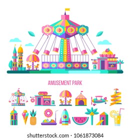 Amusement Park, theme Park, water Park. A large set of carousel icons, water slides, fun on vacation and weekends for the whole family. Vector illustration.