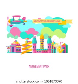 Amusement Park, theme Park, water Park. A large set of carousel icons, water slides, fun on vacation and weekends for the whole family. The plane carries a banner with The inscription welcome. 