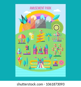 Amusement Park, theme Park, water Park. A large set of carousel icons, water slides, fun on vacation and weekends for the whole family. Poster amusement Park. Vector illustration.