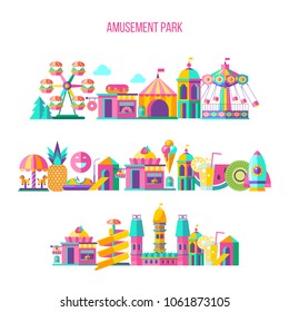 Parque de atracciones, parque temático, parque acuático. Un gran conjunto de íconos de carrusel, toboganes de agua, diversión durante las vacaciones y los fines de semana para toda la familia. Ilustración vectorial.